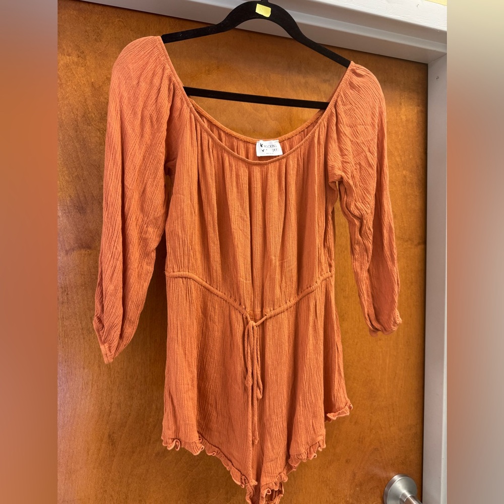 Mocking Jay Rust Orange Peasant romper with shorts size medium. Made in the USA